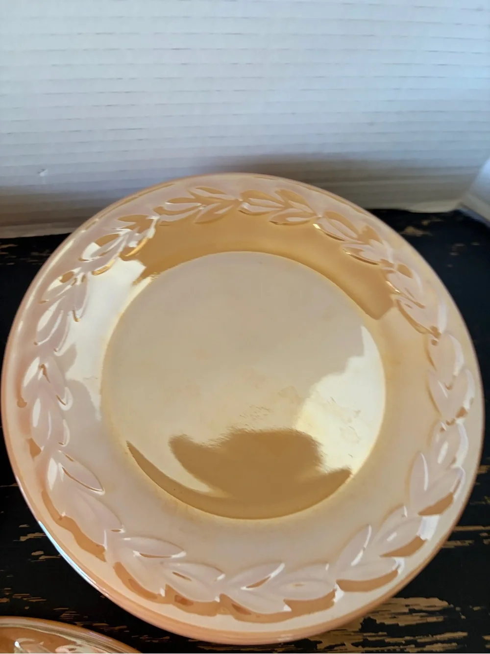 Set of Vintage Fire King Peach Lustre Laurel Leaf bowls and plates